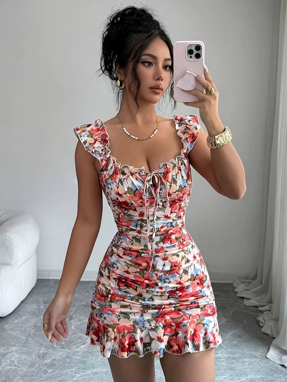 ZARA Summer Fresh Floral Print Spaghetti Strap Bodycon Flutter Sleeve Dress